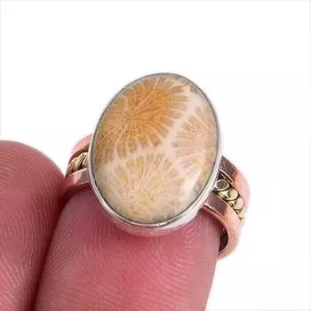 Natural Fossil Coral Gemstone Two Tone 925 Sterling Silver Jewelry Ring S.6 Z0f46