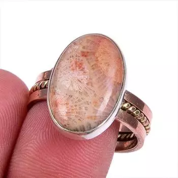 Natural Fossil Coral Gemstone Two Tone 925 Sterling Silver Gift Ring S.10 C0N93