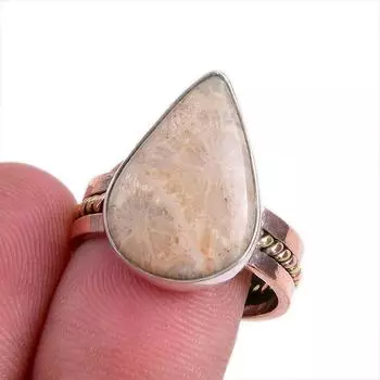 Natural Fossil Coral Gemstone Two Tone 925 Sterling Silver Jewelry Ring S.8 K0a71
