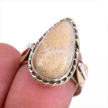 Natural Fossil Coral Gemstone Two Tone 925 Sterling Silver Jewelry Ring S.7 p9M95