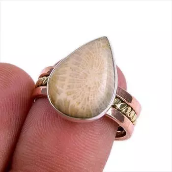 Natural Fossil Coral Gemstone Two Tone 925 Sterling Silver Jewelry Ring S.7 S2Q49