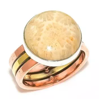 Natural Fossil Coral Gemstone Two Tone 925 Sterling Silver Jewelry Ring S.7 D1k23