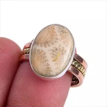 Natural Fossil Coral Gemstone Two Tone 925 Sterling Silver Gift Ring S.7.5 f3u40