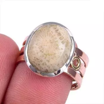 Natural Fossil Coral Gemstone Two Tone 925 Sterling Silver Jewelry Ring S.7 P5t58