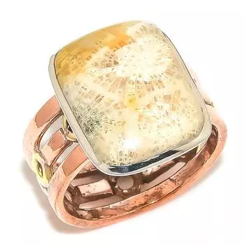 Natural Fossil Coral Gemstone Two Tone 925 Solid Silver Jewelry Ring S.10.5 T5A64