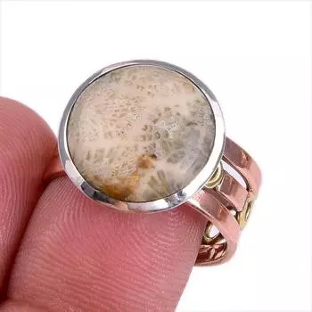 Natural Fossil Coral Gemstone Two Tone 925 Sterling Silver Gift Ring S.8.5 m0h68