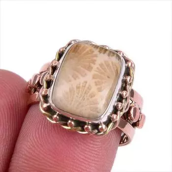 Natural Fossil Coral Gemstone Two Tone 925 Sterling Silver Gift Ring S.6.5 o7t66