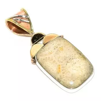 Natural Fossil Coral TwoTone 925 Solid Sterling Silver Gift Pendant 1.75 c8z01