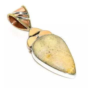 Natural Fossil Coral TwoTone 925 Solid Sterling Silver Gift Pendant 1.75 V5y08