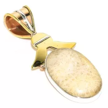 Natural Fossil Coral TwoTone 925 Solid Sterling Silver Gift Pendant 1.75 s9z59