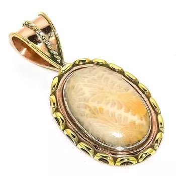 Natural Fossil Coral TwoTone 925 Solid Sterling Silver Gift Pendant 1.50 A7H00