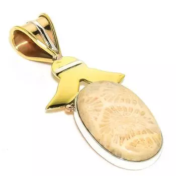 Natural Fossil Coral TwoTone 925 Solid Sterling Silver Gift Pendant 1.75 p4t22