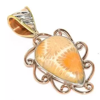 Natural Fossil Coral TwoTone 925 Solid Sterling Silver Gift Pendant 1.75 K4p22