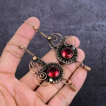Серьги из натурального гранатового камня ручной работы из медной проволоки 3,70 дюйма P4i09