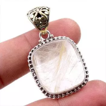 Natural Golden Rutile Gemstone 925 Solid Sterling Silver Gift Pendant 1.75 T1w11