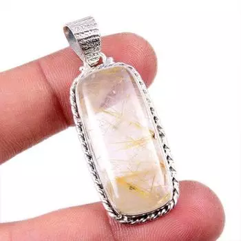 Natural Golden Rutile Gemstone 925 Solid Sterling Silver Jewelry Pendant 2 C7D05