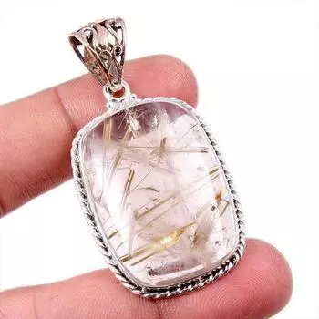 Natural Golden Rutile Gemstone 925 Solid Sterling Silver Jewelry Pendant 2 s6B12