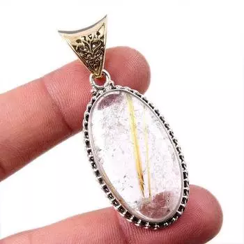 Natural Golden Rutile Gemstone 925 Solid Sterling Silver Gift Pendant 2.25 O5H17