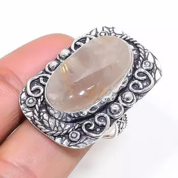 Natural Golden Rutile Gemstone 925 Sterling Silver Jewelry Ring Size 8 v2K72