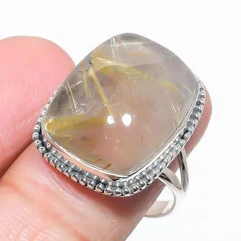 Natural Golden Rutile Gemstone Handmade 925 Solid Silver Jewelry Ring S.9.5 T7i88