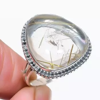 Natural Golden Rutile Gemstone Handmade 925 Solid Silver Jewelry Ring S.9 d6Z67