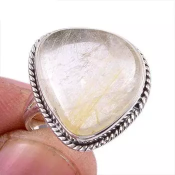 Natural Golden Rutile Gemstone Handmade 925 Solid Silver Jewelry Ring S.9 J7C76