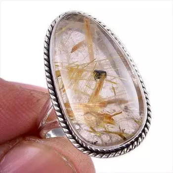 Natural Golden Rutile Gemstone Handmade 925 Solid Silver Jewelry Ring S.8 H2V44
