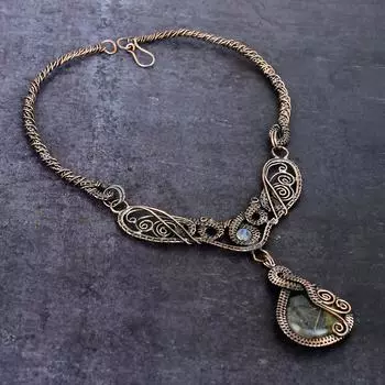 Ожерелье из натурального золотистого рутила и лунного камня с медной проволокой 18 дюймов G2V16