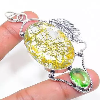Natural Golden Rutile, Peridot 925 Sterling Silver Jewelry Pendant 3.15 S5G05