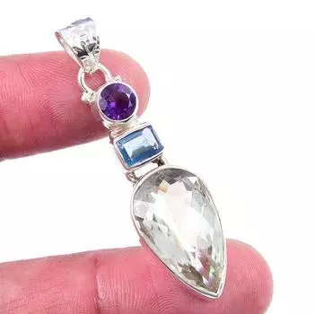 Natural Green Amethyst,Blue Topaz 925 Solid Sterling Silver Gift Pendant 2 m1h75