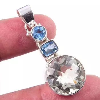 Natural Green Amethyst,Blue Topaz Gemstone 925 Solid Silver Pendant 1.75 P4w05