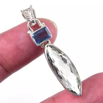 Natural Green Amethyst,Blue Topaz Gemstone 925 Solid Silver Pendant 1.75 N5R90