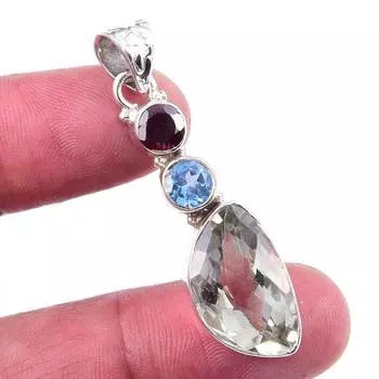 Natural Green Amethyst,Blue Topaz Gemstone 925 Solid Silver Pendant 1.75 m7l69