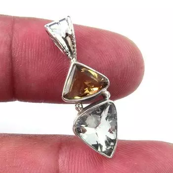 Natural Green Amethyst, Citrine 925 Solid Sterling Silver Pendant 1.25 s3F39