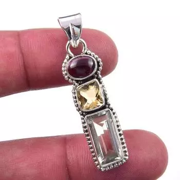 Natural Green Amethyst, Citrine 925 Solid Sterling Silver Pendant 1.75 D7b02