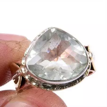 Natural Green Amethyst Gemstone 925 Solid Silver TwoTone Gift Ring S.7US u7f42