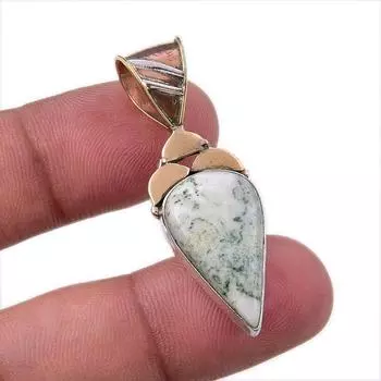 Natural Green Dendrite Opal 925 Sterling Silver Gift TwoTone Pendant 1.75 c2A84