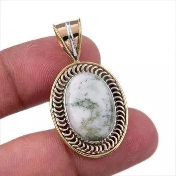 Natural Green Dendrite Opal 925 Sterling Silver Gift TwoTone Pendant 1.50 n7S57