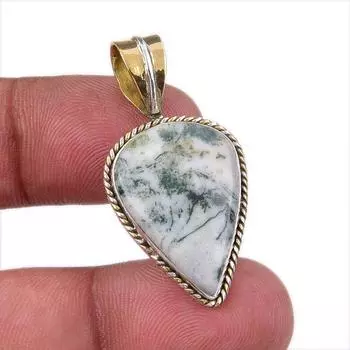 Natural Green Dendrite Opal 925 Sterling Silver Gift TwoTone Pendant 1.50 Q3s81
