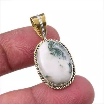 Natural Green Dendrite Opal 925 Sterling Silver Gift TwoTone Pendant 1.50 e3o54