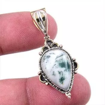 Natural Green Dendrite Opal Gemstone 925 Solid Silver TwoTone Pendant 1.50 e8W22