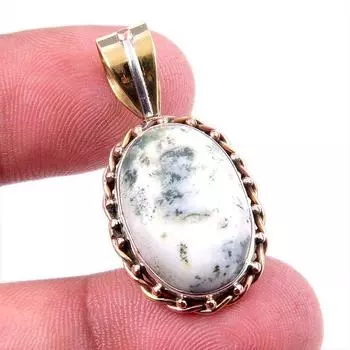 Natural Green Dendrite Opal Gemstone 925 Solid Silver TwoTone Pendant 1.25 i2o43
