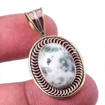 Natural Green Dendrite Opal Gemstone 925 Solid Silver TwoTone Pendant 1.25 Q1n22