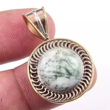 Natural Green Dendrite Opal Gemstone 925 Solid Silver TwoTone Pendant 1.25 A5w20