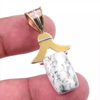 Natural Green Dendrite Opal Gemstone 925 Solid Silver TwoTone Pendant 1.50 i0R16