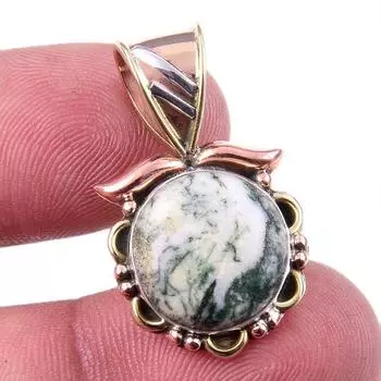 Natural Green Dendrite Opal Gemstone 925 Solid Silver TwoTone Pendant 1.25 w0B71