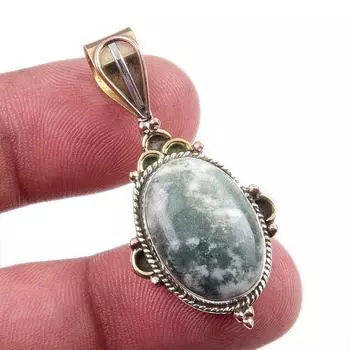 Natural Green Dendrite Opal Gemstone 925 Solid Silver TwoTone Pendant 1.50 J1E25