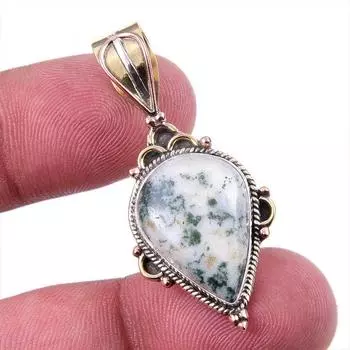 Natural Green Dendrite Opal Gemstone 925 Solid Silver TwoTone Pendant 1.50 d1o20