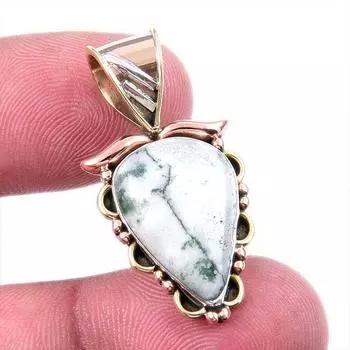 Natural Green Dendrite Opal Gemstone 925 Solid Silver TwoTone Pendant 1.25 T7q47