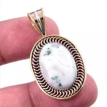 Natural Green Dendrite Opal Gemstone 925 Solid Silver TwoTone Pendant 1.50 H8h79